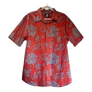 Reyn Spooner XL Tailored Fit Hawaiian Shirt Coral Red Blue Floral Cotton Blend